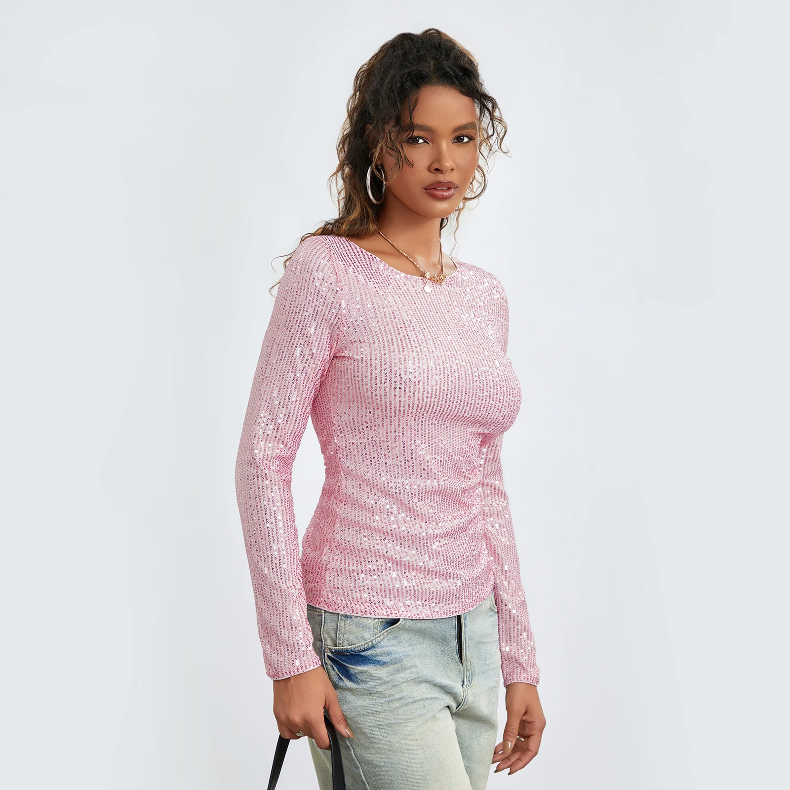 Women\'s Sequins Long Sleeve Tops Y2k Slim Round Neck T-Shirts Streetwear Aesthetic Clothes Bottoming Shirt for Fall