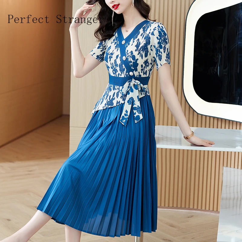 Sanzhai Pleated 2024 Summer Short Sleeve Vestidos Slim Appearance Age Reducing V-neck Heavy Work Women Long Dress