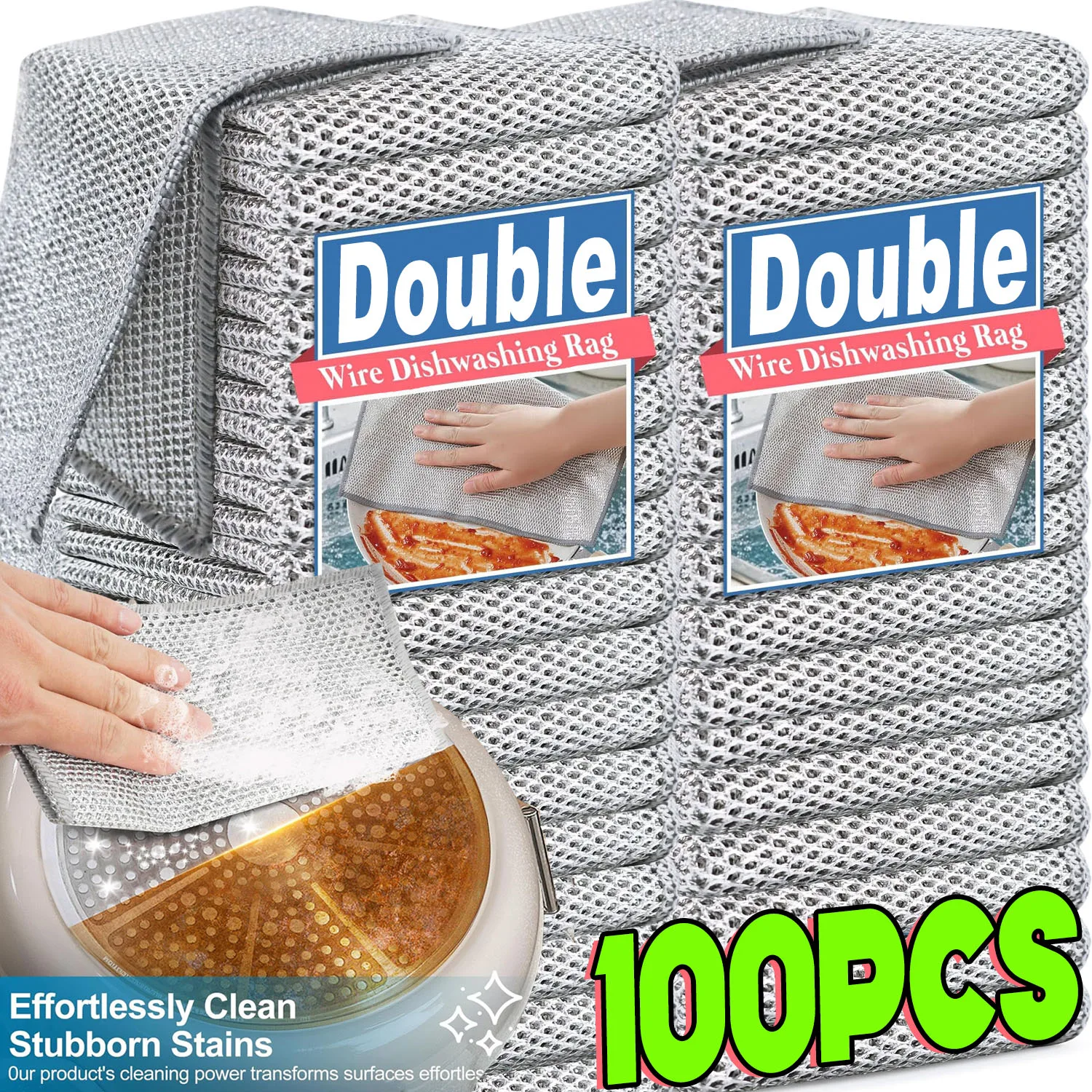 1/100pcs Magic Dishcloth Silver Wire Cleaning Kitchen Cloth Thickened Microfiber Wash Towel Built-in Sponge Steel Wire Ball Rag
