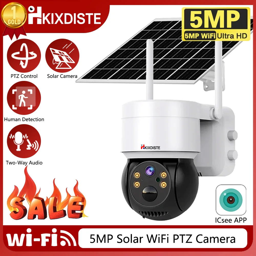 

5MP Audio WiFi PTZ Camera Outdoor Wireless Solar IP Camera HD Built-in Battery Video Surveillance Camera Long Time Standby iCsee