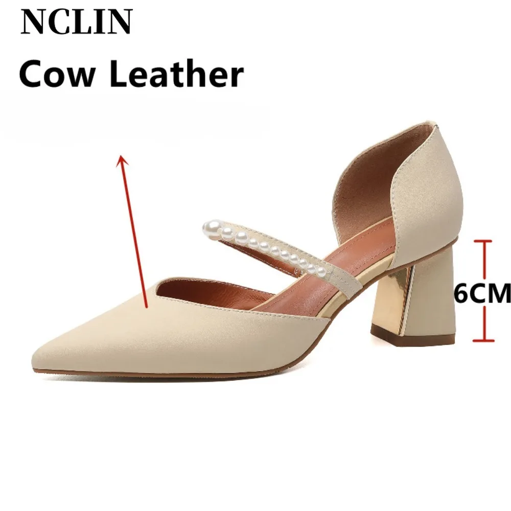 NCLIN Elegant Fashion Women Pumps String Bead Sandals Pointed Toe Thick Heels Genuine Leather Shoes Woman Spring Summer Party