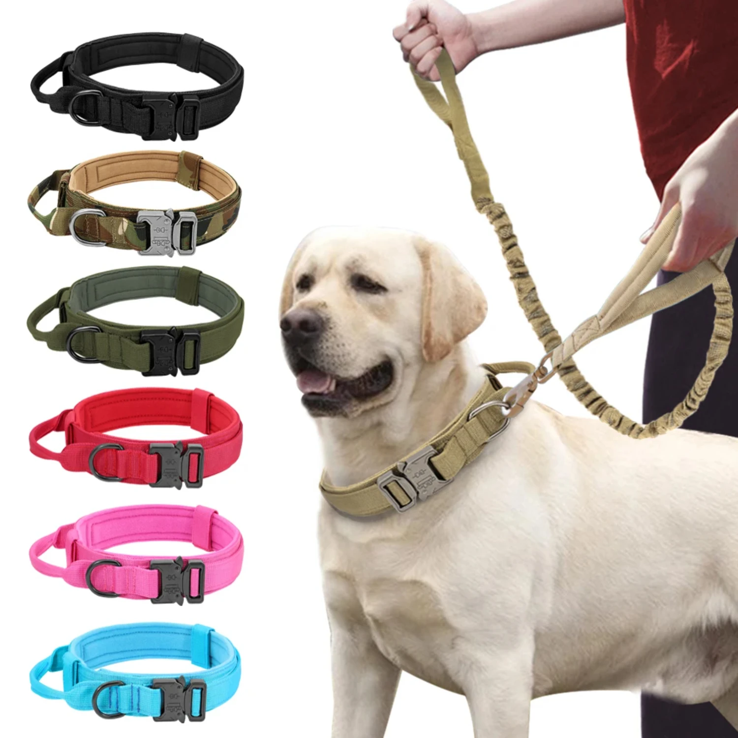 Durable Military Tactical Dog Collar Bungee Leash Set Pet Nylon Walking Training Collar  Medium Large Dogs German Shepard Dog