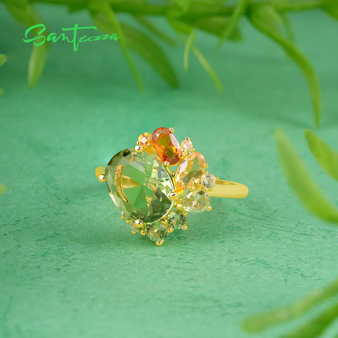 SANTUZZA Real 925 Sterling Silver Ring For Women Sparkling Synthetic Green Spinel Gorgeous Wedding Party Gifts Fine Jewelry