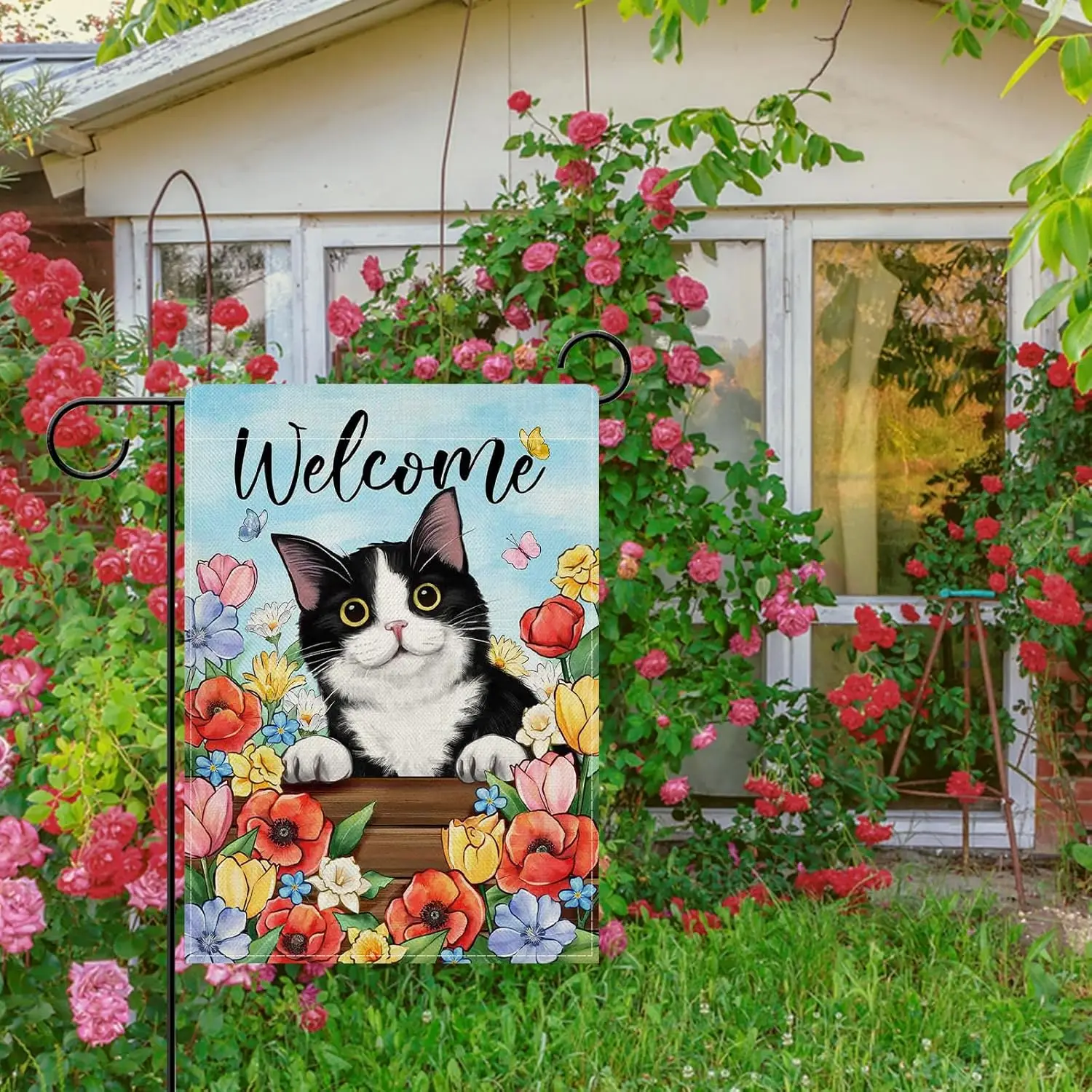 Dyrenson Welcome Spring Summer Tuxedo Cat Decorative Garden Flag, Poppy Flower Yard Outside Home Decorations Pet Lover Gift, SSL