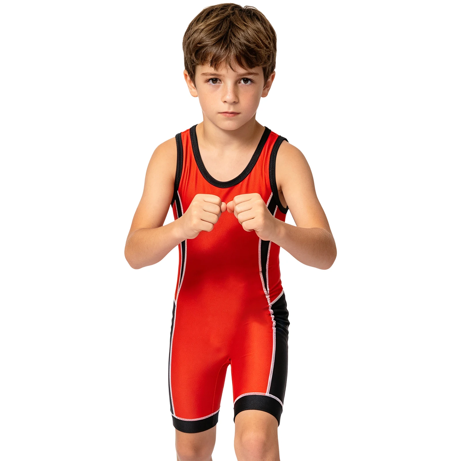 Kinder-Ringertrikot für Jungen und Mädchen, farbblockiert, schnelltrocknend, ärmellos, Oberschenkel-lange Bodysuit für Sport, Training, Übungen und Radfahren – Detail 25