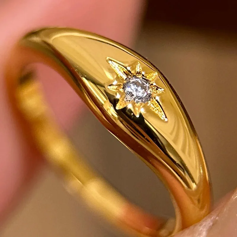 Stainless Steel Sunshine Signet Pinky Ring, CZ Cubic Zirconia Inlay Ring Gold Plated, Non-Tarnish Fashion Jewelry