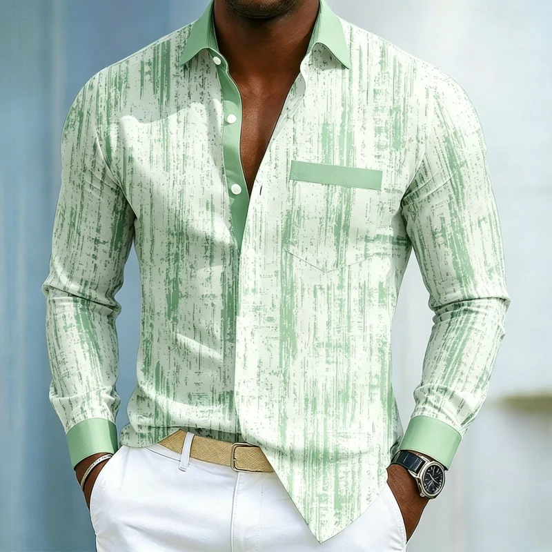 Men's high-quality long sleeved shirt with white and blue contrasting colors, trendy business casual long sleeved slim fit shirt