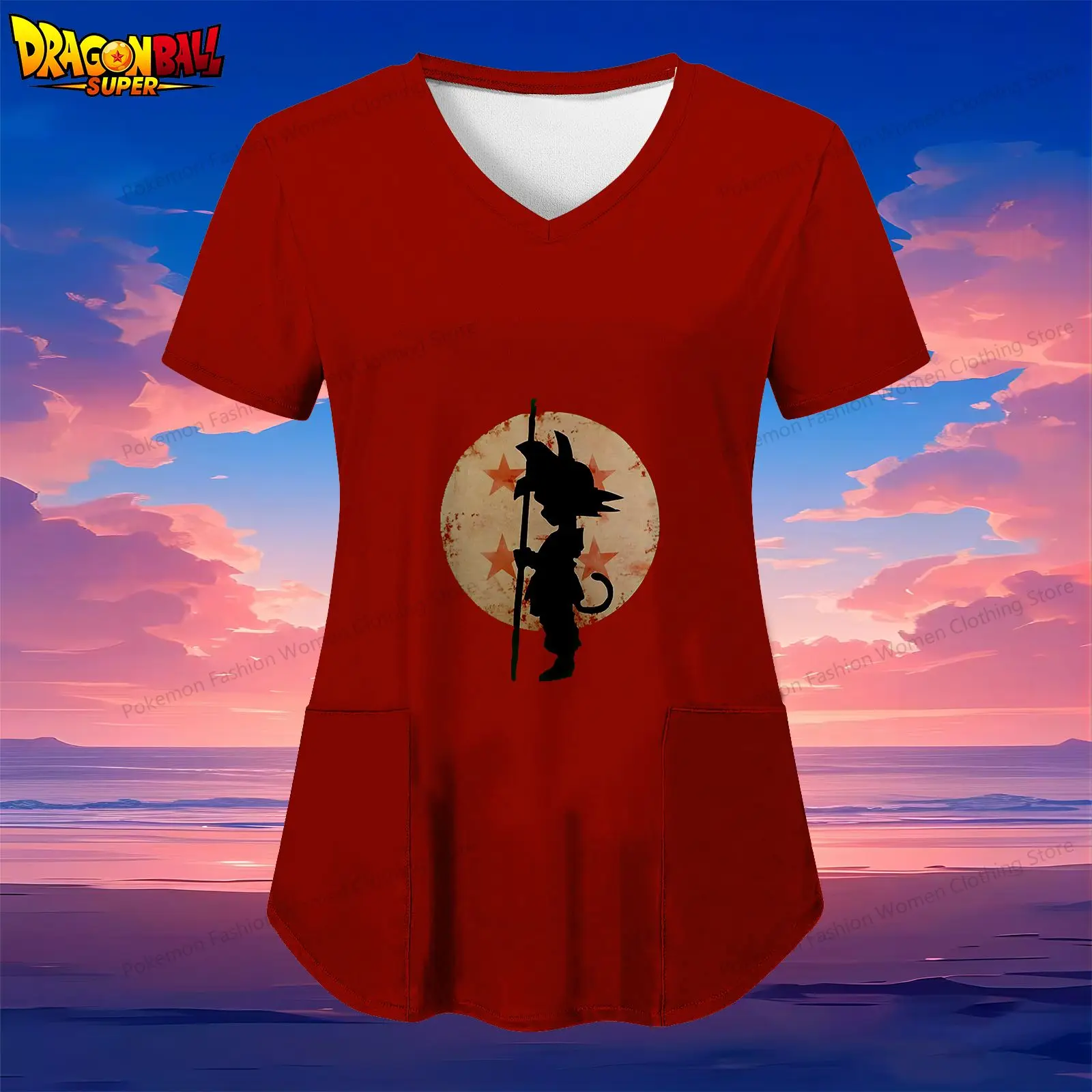 Kakarotto Pocket Dragon Ball Women's V Neck Nurse Uniform T-Shirt Short Sleeve Tee Y2k S-2XL Street Wear Kawaii Summer 2024 Top