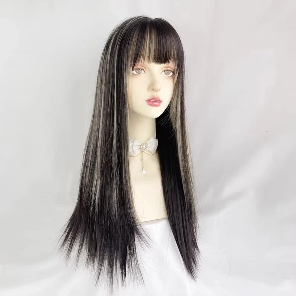 باروكة لوليتا صناعية مقاومة للحرارة للنساء بنمط مستقيم طويل مع ملابس يومية للحفلات التنكرية