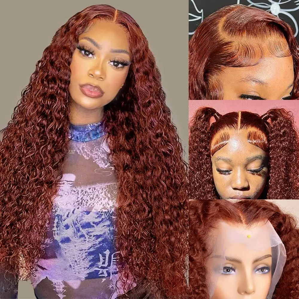 Reddish Brown 13x4 Deep Curly Lace Front Wig Copper Red 13x6 HD Lace Frontal Human Hair Wigs Fall Color Deep Wave Lace Wigs