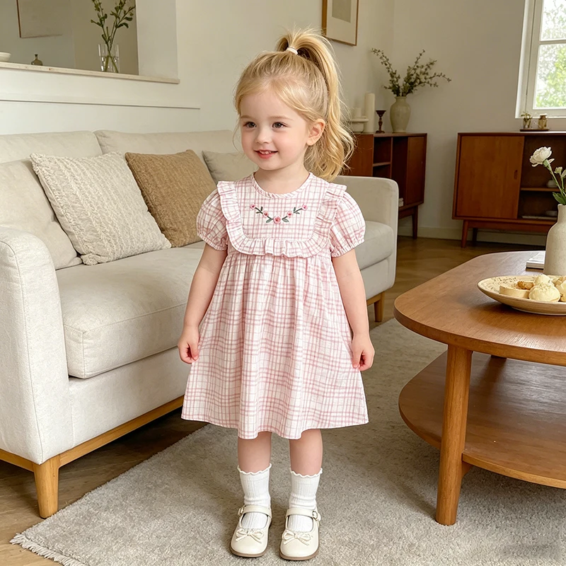 2026 Neues Sommer-Prinzessinnenkleid für Mädchen 2-6 Jahre Kurzärmeliges Baumwollkleid mit Gitter-Stickerei Süßes Geburtstagskleid