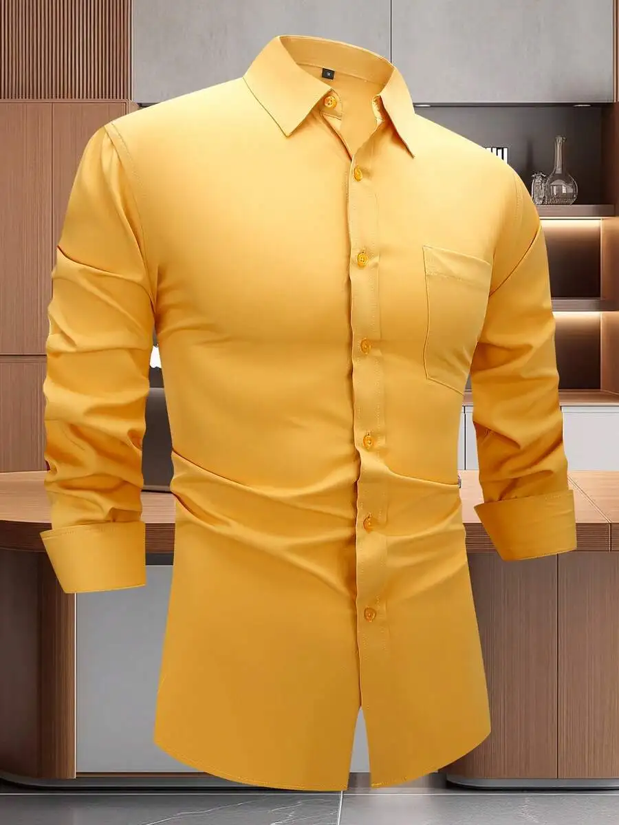

Men's Solid Yellow Slim Fit Button-Down Shirt for Office and Casual Wear