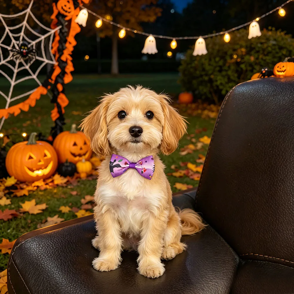 5 PCS Color in Random Halloween Dog Bow Ties Pumpkin Bat Witch Ghost Adjustable Collar Pet Accessories for Cat Halloween Holida