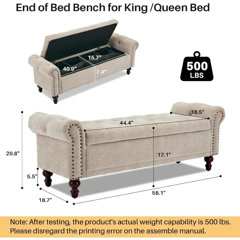 Storage Bench Upholstered Chenille End of Bedroom Bed Bench Ottoman with Tufted Cushioned Rolled Arm