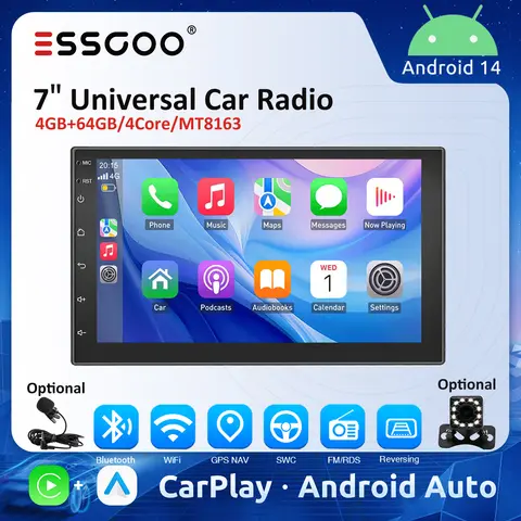 ESSGOO 7" Universal Car Radio 4GB 64GB Wireless Android Auto Carplay 4CORE Car Multimedia Player GPS RDS Car Stereo Autoradio