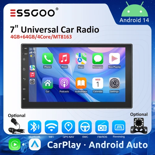 ESSGOO 7 ""Radio Universal para coche 4GB 64GB inalámbrico Android Auto Carplay 4CORE reproductor Multimedia para coche GPS RDS autoradio estéreo para coche
