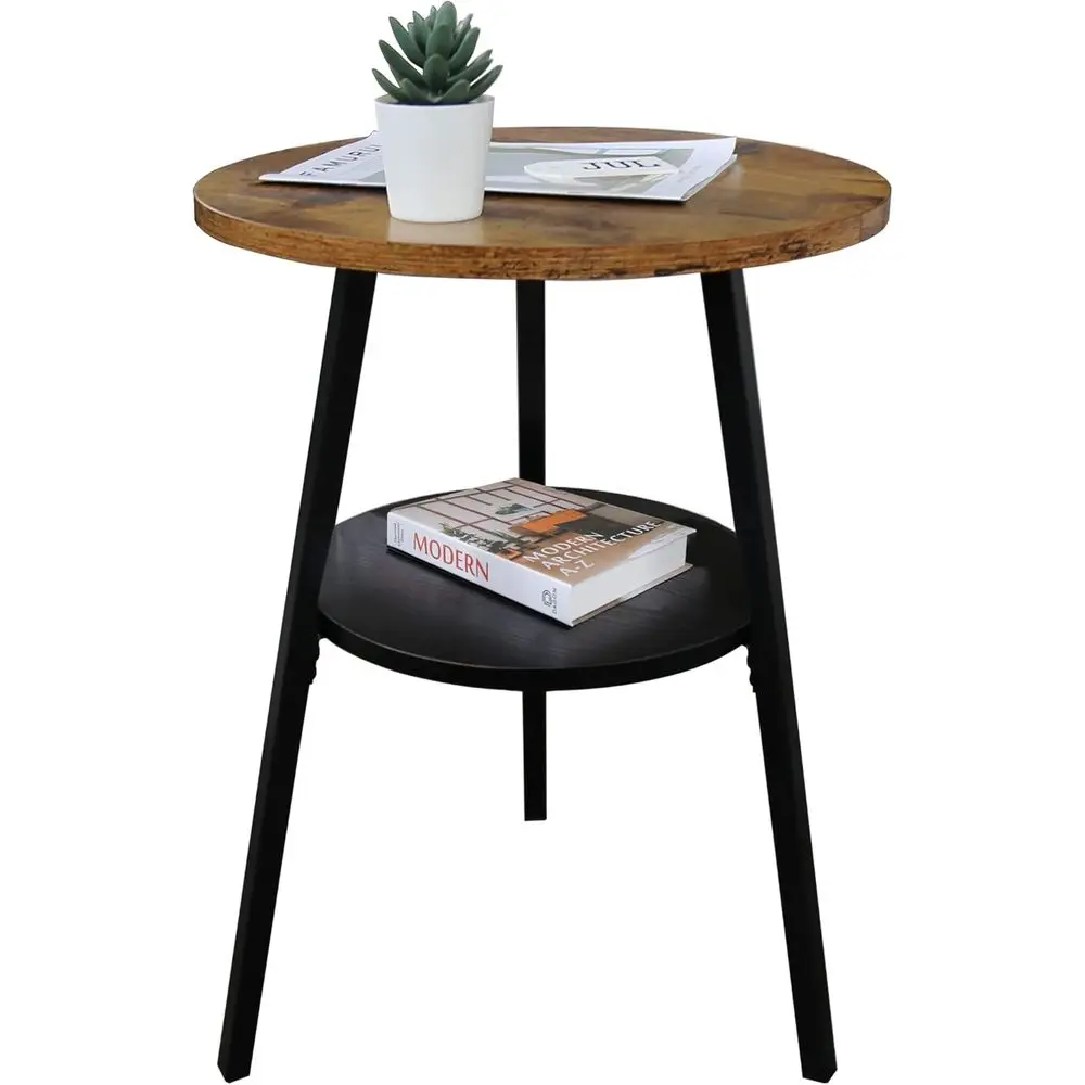 

2-Tier Round Metal End Table, Rustic Brown, 15.4 Diameter x 21.6 Height, Ideal for Small Spaces