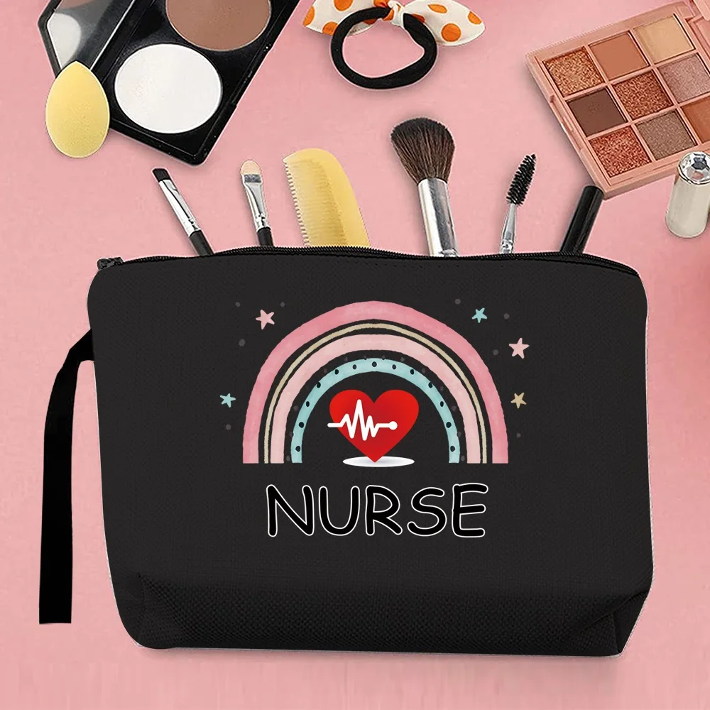 Fashion Storage Bag Woman Coin Purse Canvas Cartoon Nurse Pattern Printing Makeup Brush Portable Outdoor Toiletries Black Clutch