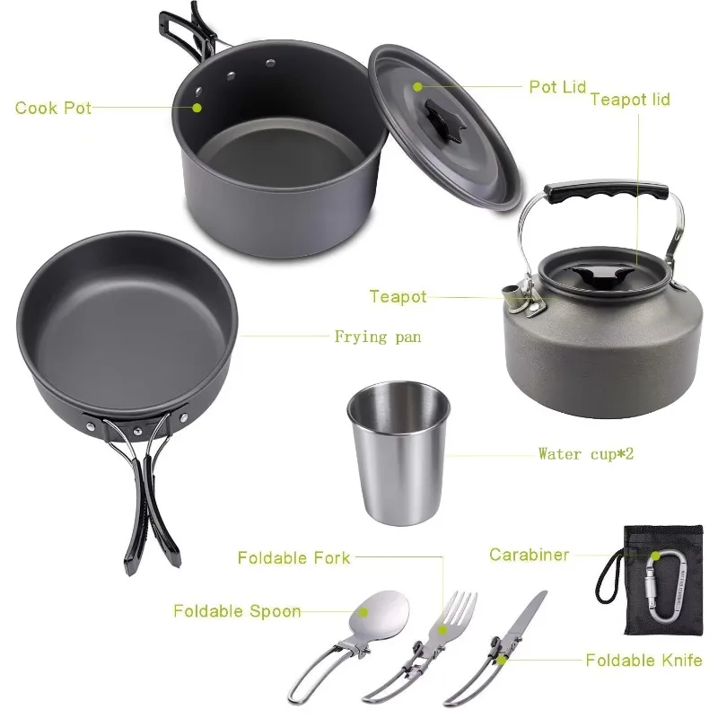 Hot Selling 2-3 Person Outdoor Cookware Camping 9PCS Folding Pot Pan Kettle Aluminum Alloy Cooking Set For Hiking