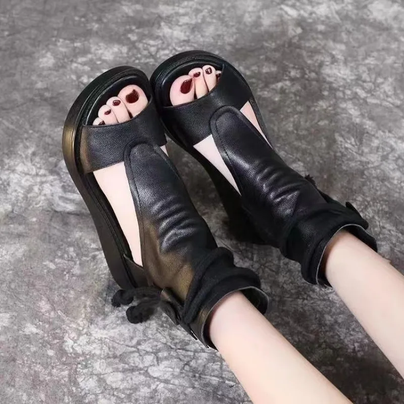 2024Shoes for Women Ladies Vintage Pu Leather Boots Fashion Women Sandals Summer Mid Heels Wedges Shoes Sandalias Mujer Sneakers