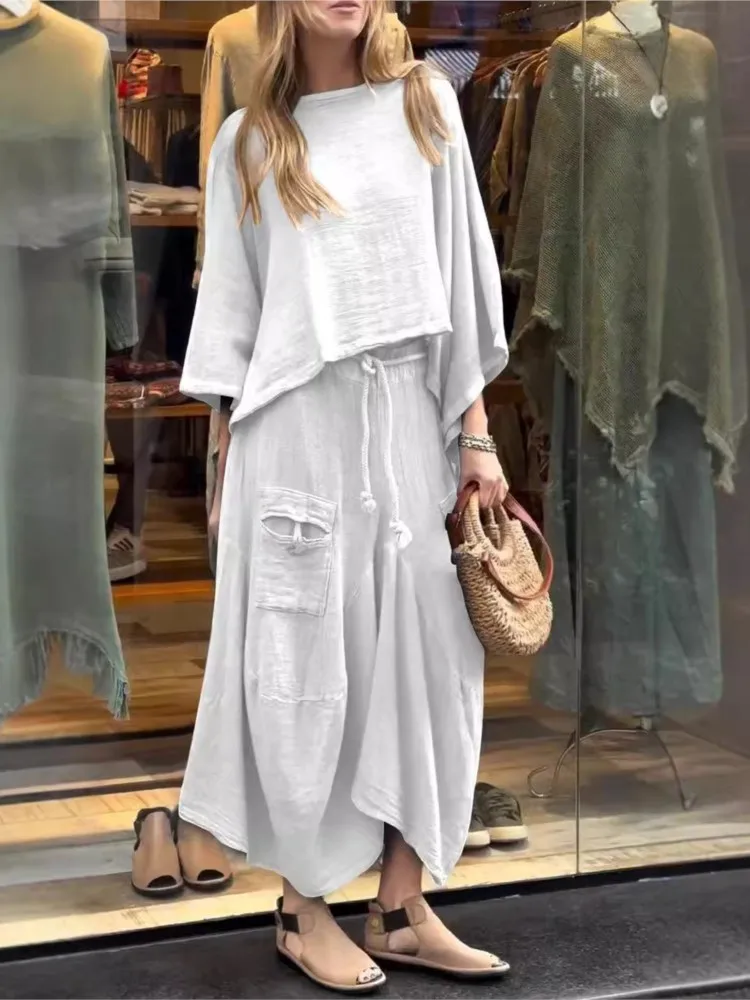 

Autumn Comfortable Casual Solid Color Loose Skirt Two-piece Set Women's New Elegant Lace-up Round-neck Commuting Dress Set