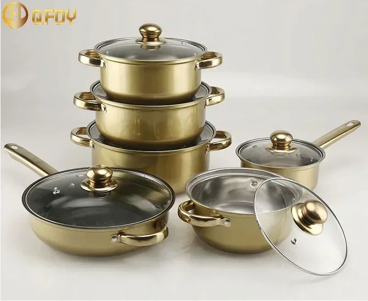 Hot Sale Kitchware Pots Set 12-piece colorful  non-stick gold plated handle cookware set pots Stainless Steel Soup Pot