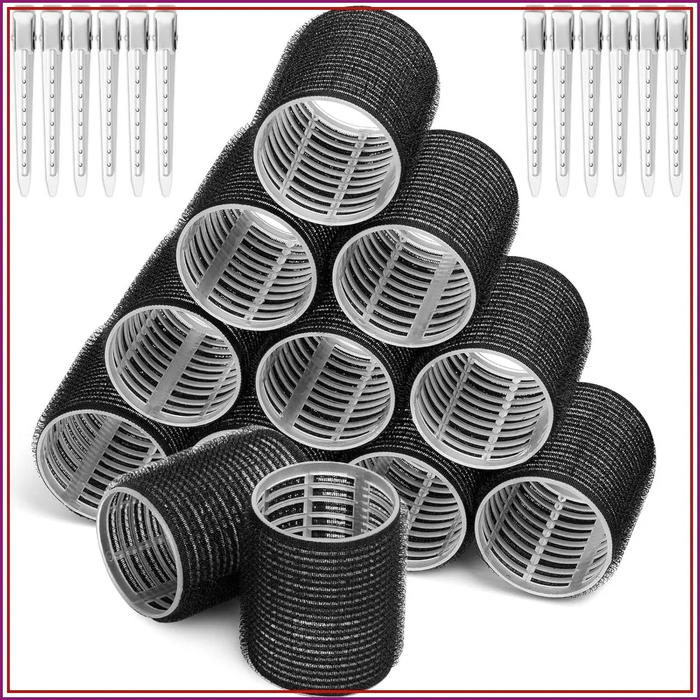 

Large Self-Grip Hair Curlers Rollers with Stainless Steel Clips for Long Medium Thick Hair Volume Black