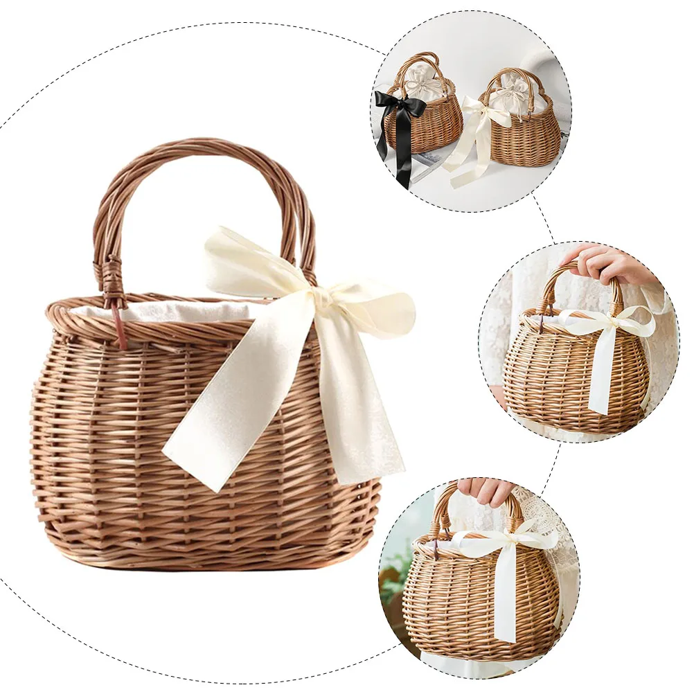 

2pcs Woven Rattan Handbag Natural Color Storage Basket Decorative Kitchen ganizer Flower Snack Container for Home Oval Food