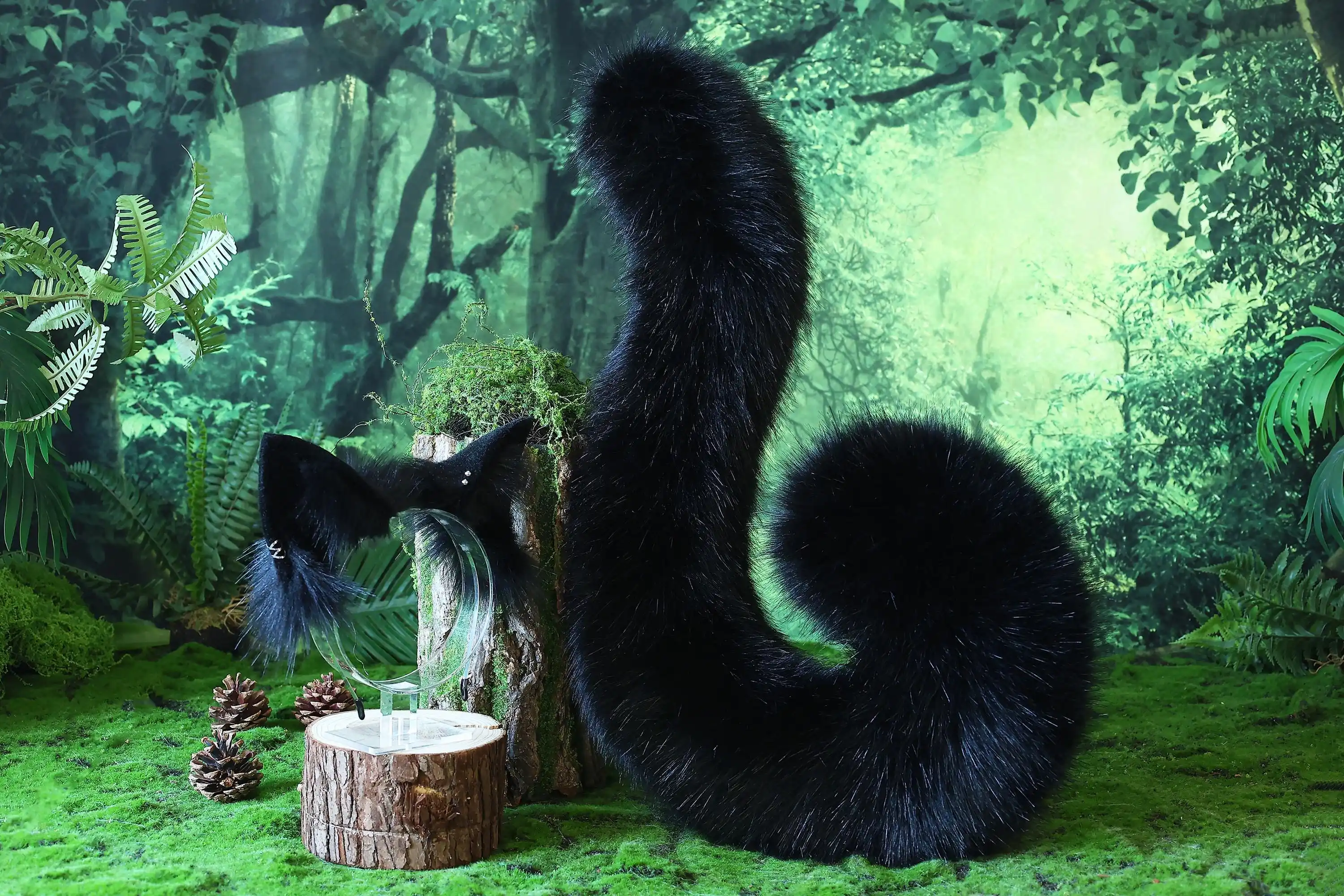 Realistic black faux fur cat ears and tail cute and perfect for anime cosplay, pet play, "cat-girl" looks, and more.