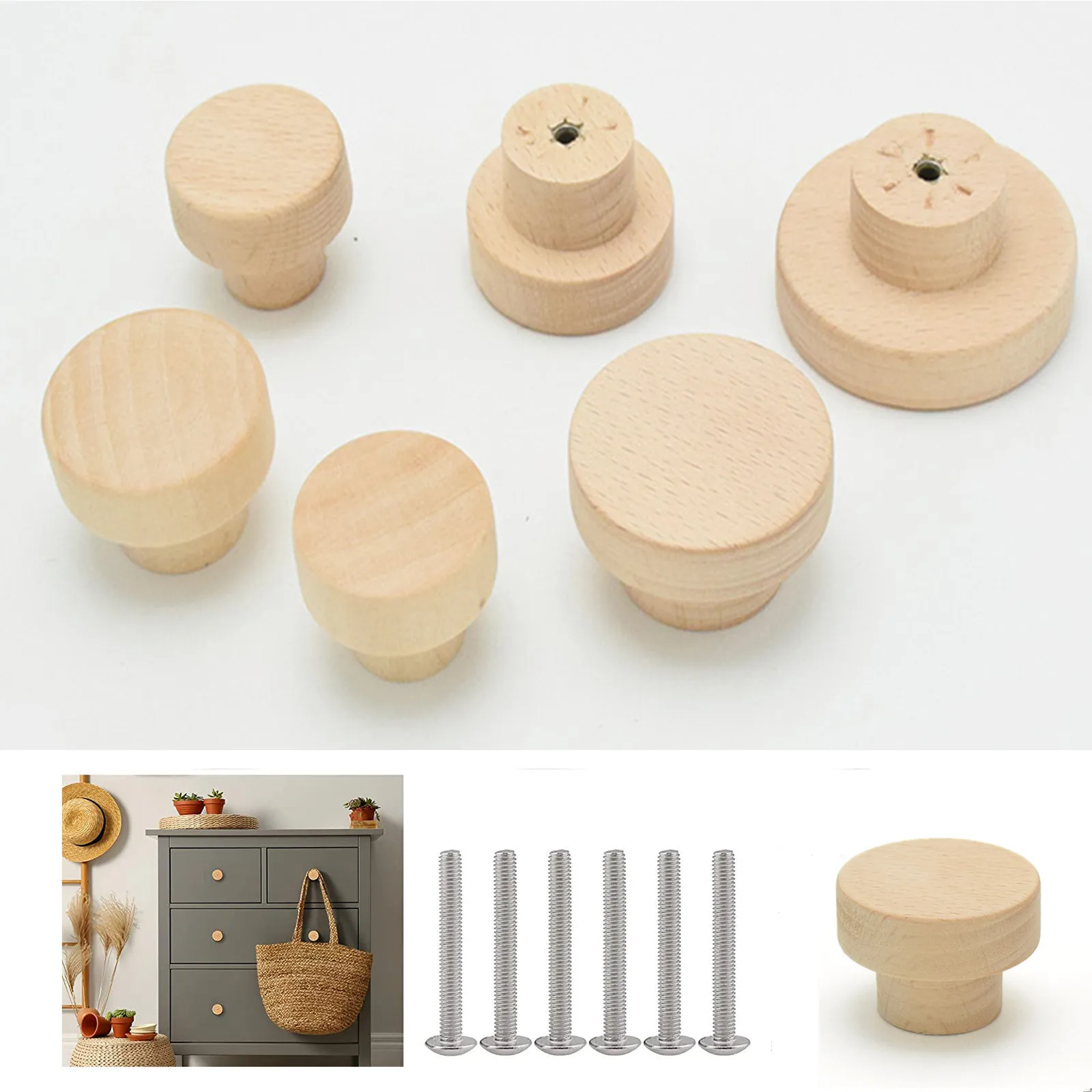 Round Wooden Cabinet Knobs Unfinished Wood cupboard Furniture Drawer Pulls Handles with Screws for Wardrobe Dresser Closet