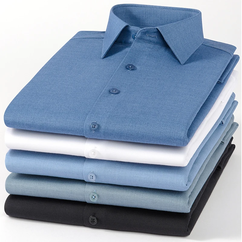 Men's Slim Fit Wool Long Sleeve Shirt High Quality Elastic Soft White Formal Top Designer Office Wear Black Clothes