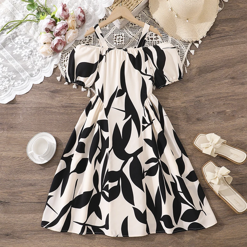 Girls 8-12 Black & Beige Casual Dress, Front Cold Shoulder Puff Sleeve & Leaf Print A-Line Skirt, Daily Kids Outfit