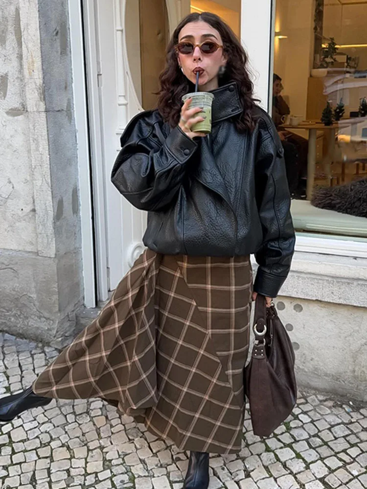 

HH Осенняя женская элегантная ламинированная юбка-миди на молнии в клетку, женская темпераментная асимметричная плиссированная юбка со средней талией