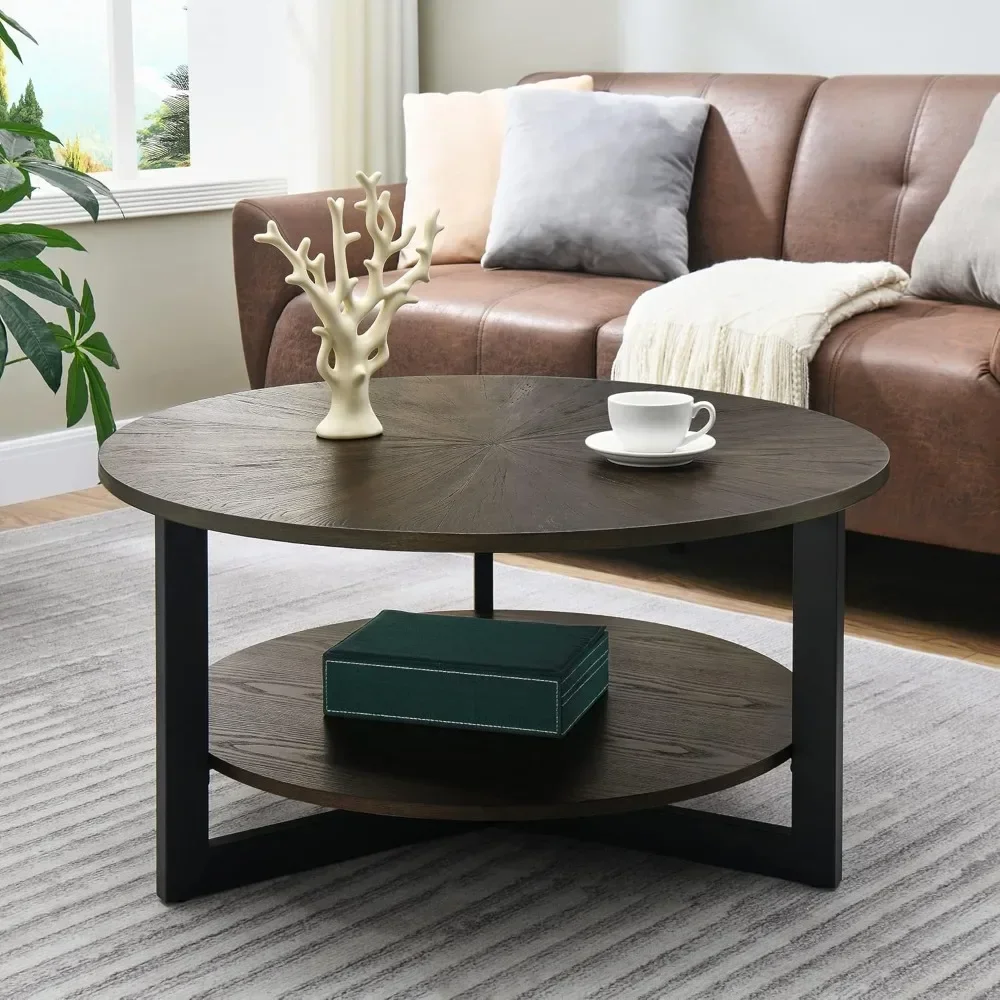 Round Coffee Table with Storage Shelf, Farmhouse Living Room Cocktail Black Metal Legs, Circular Solid Wood Center Tea Table