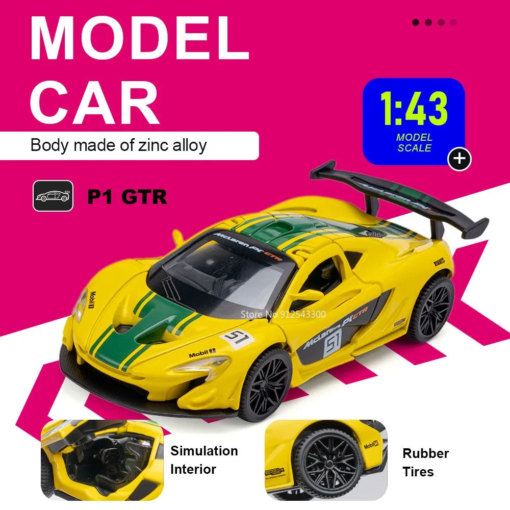

Масштабная модель автомобиля P1 GTR 1:43, игрушечная машинка с резиновыми шинами, металлическим корпусом, открывающимися дверями, литая под давлением, для детей, подарки на день рождения