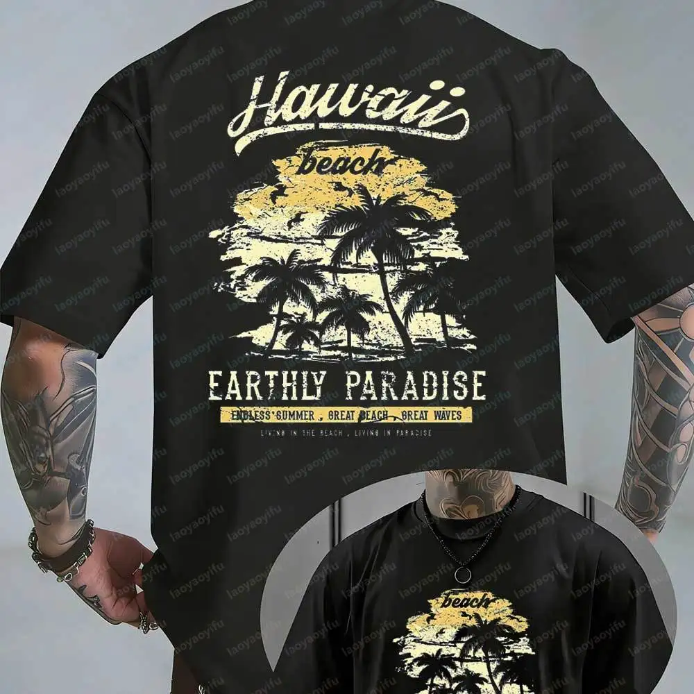 Vintage Hawaii Beach T Shirt Men Earthly Paradise Retro Print Casual Summer Short Sleeve Regular Streetwear High Quality Cotton