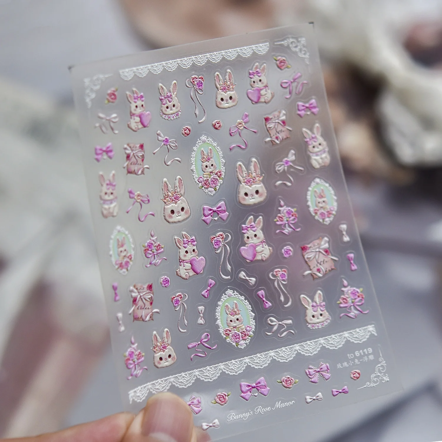 Pink Vintage Cute 5D Nail Decals Retro Bunny Rose Flower Bowknot Heart Lace Photo Frame Lace Edge Self Adhesive Nail Stickers