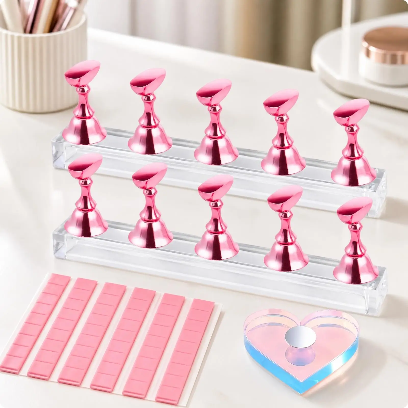 Pink Electroplated Acrylic Nail Practice Tip Stand with Heart Shaped Base for Artificial Tips Painting and Sculpting