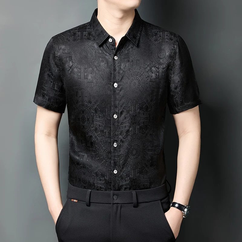 

HT9106 100% Silk Luxurious Shirts For Men Short Sleeve Coolness Summer Quality Gambiered Canton Gauze Jacquard Camisas De Hombre