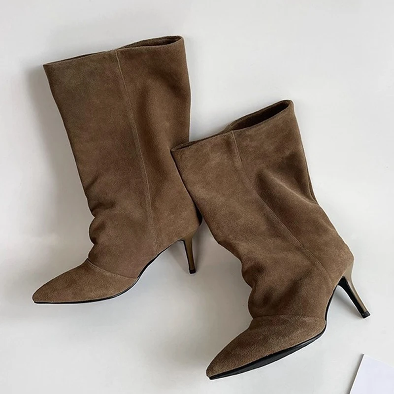 

Eilyken Street Sexy Pleated Thin Heels Ankle Boots Woman Pointed Toe Booties Stripper Party Autumn Winter Shoes