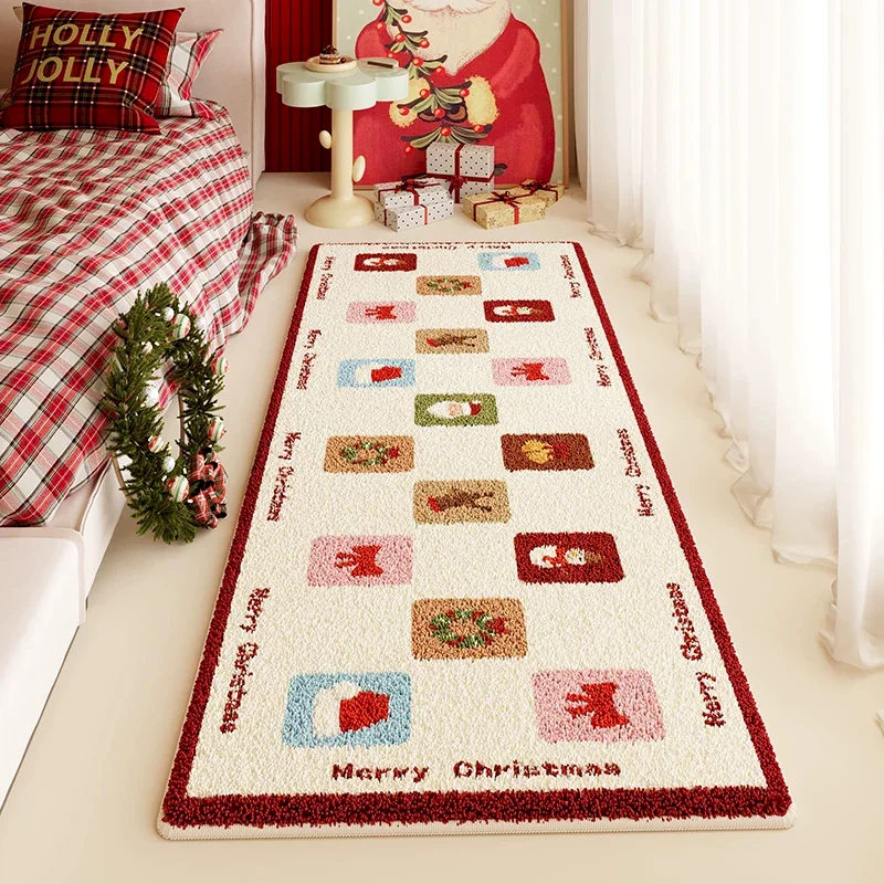 VIKAMA Holly Jolly Christmas Bedside Rug Plush Soft Non Slip Carpet Santa Tree Bedroom Floor Mat Decoration