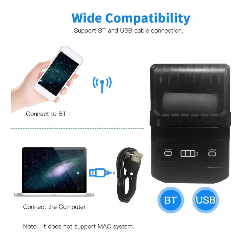 

Термопринтер этикеток BOFF 58 мм, беспроводной мини-принтер этикеток с Bluetooth, принтер штрих-кодов с перезаряжаемой батареей, A