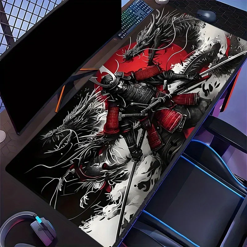 Tappetino per mouse e scrivania da gioco Samurai Dragon Warrior da 1 pezzo - Base antiscivolo 89,92x39,88 cm, Samurai vibrante stampato HD e Dragon Art -