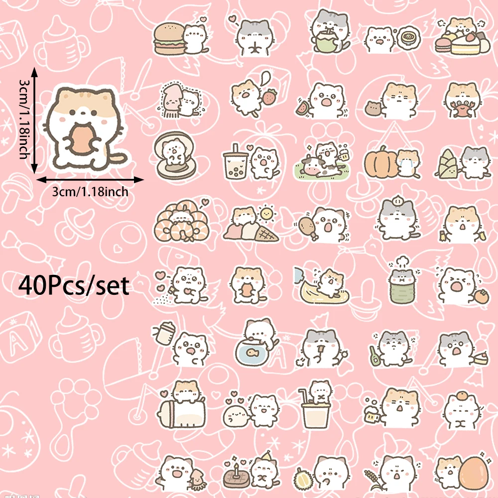 귀여운 만화 고메 새끼 고양이 스티커, 셀프 붙여넣기, 컴퓨터, 휴대폰 케이스 등 장식에 사용 가능, 40 개