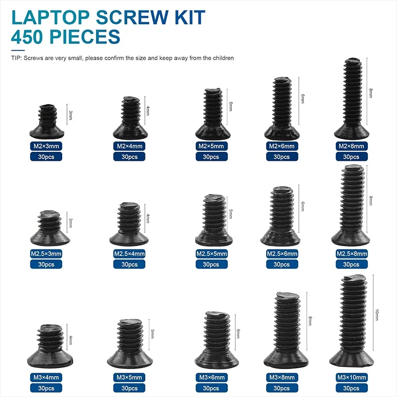 450 Stück/Box Senkkopf-Phillips-Minischrauben Laptop-Computer-Schraubenset Elektronik-Reparatur-Schrauben M2 M2.5 M3