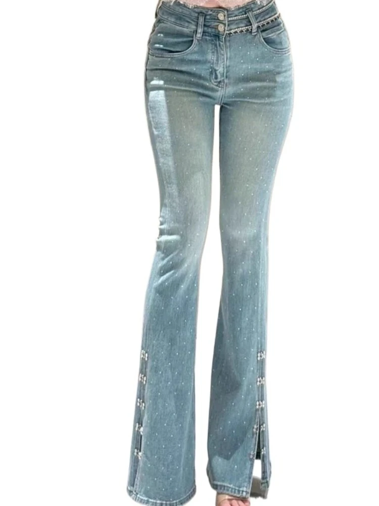 Mode Split Denim Broek 2025, Herfst Winter Nieuwe Hoge Taille Vrouwen Broek Slanke Zware Hot Diamond Elegante Flare Jeans dames