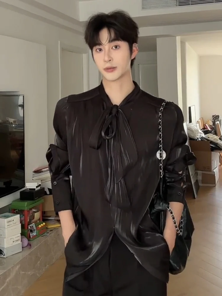 Xue Zhiqian Liquid Silk Drapey Sash Shirt Korean Style Padded Shoulder Luxury Feel Top Polyester Fiber Loose Fit Long Sleeve