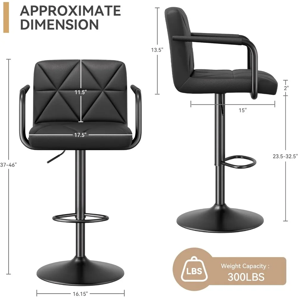 Ensemble de 4 tabourets de bar réglables en cuir PU, avec dossier et bras, à l'épreuve des chocs, de 25.5 à 34,5 pouces