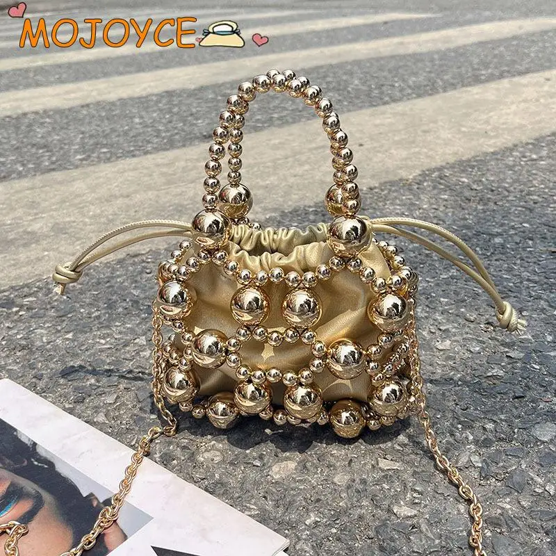 

Metal Hollow Beaded Evening Bag Elegant Mini Handbag Trendy Clutch Purse Women Wedding Prom Shoulder Bag Birthday Party Bucket