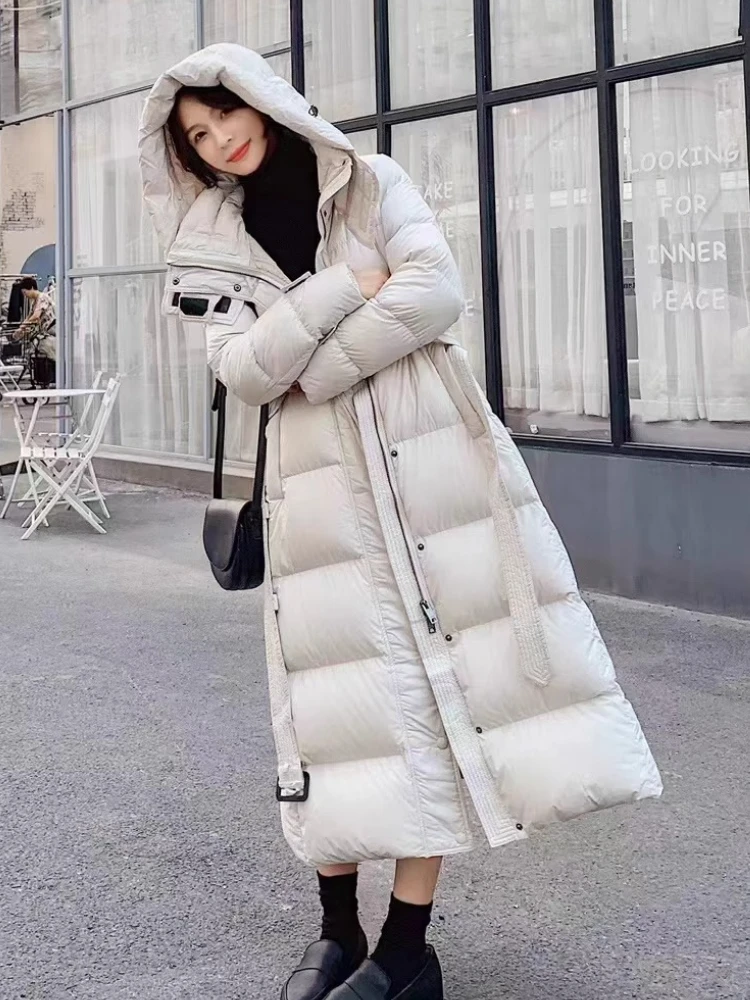 2025 nouveau automne hiver femmes doudoune 90 blanc canard vers le bas manteau ceinture capuche détachable Long manteau épais chaud vêtements d'extérieur à la mode